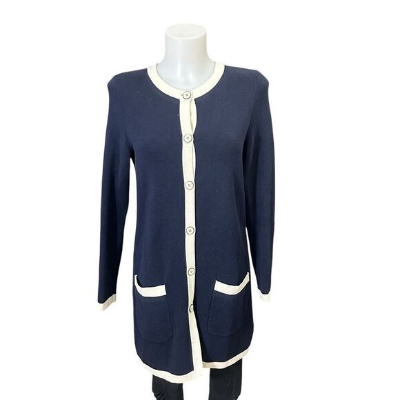 Talbots Navy Blue White Trim Cotton Blend Mid Length Button Down‎ Cardigan Small - Picture 1 of 9
